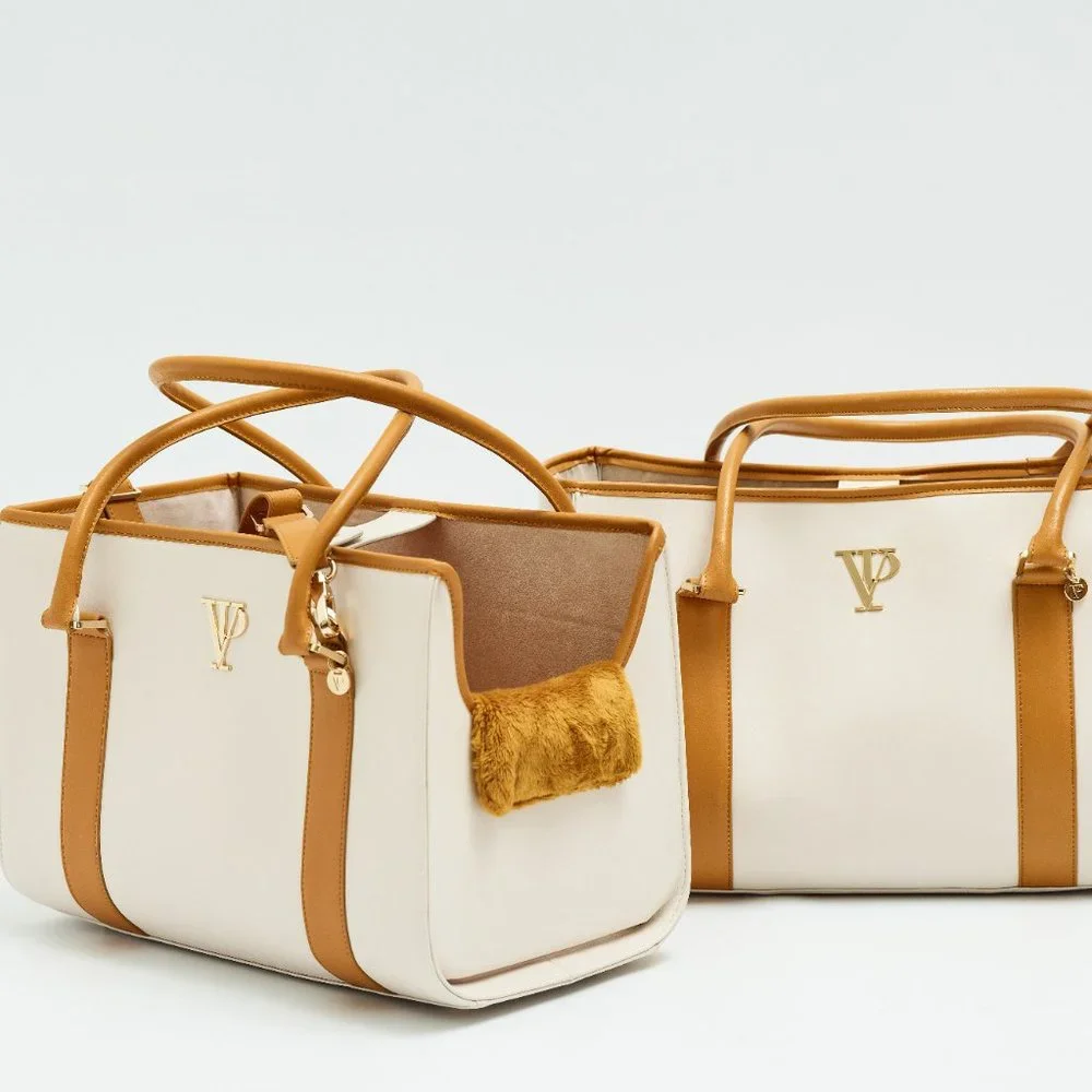 Ivory and Gold Leather Luxury Dog Carrier, Dog Bag, Dog tote for small dogs